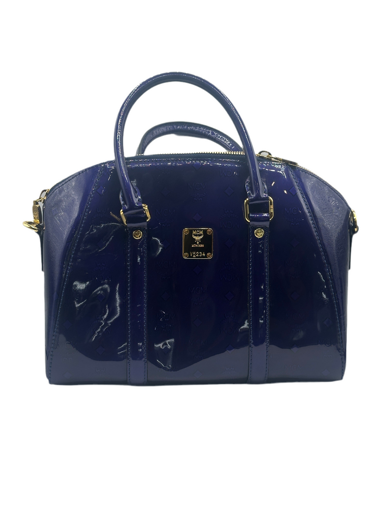 MCM ハンドバッグ MCM Patent Blue Monogram Top Handle Bag – Elite HNW - High End