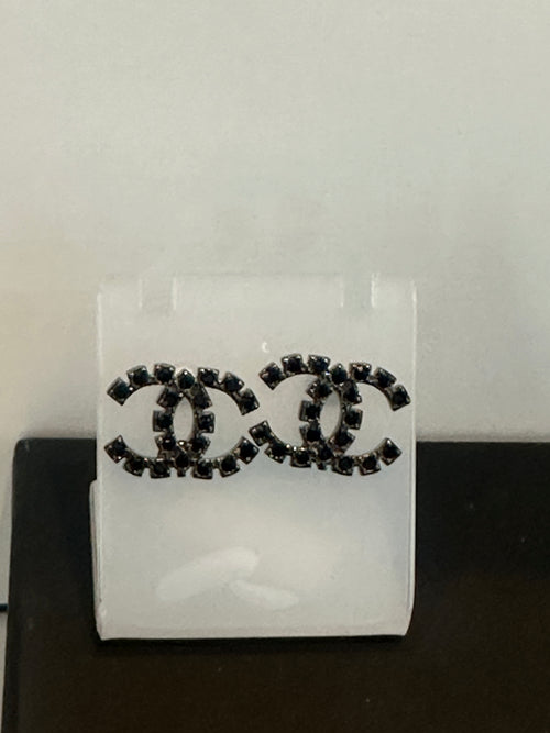 Re-Worked Chanel Black CZ Earrings CC Logo