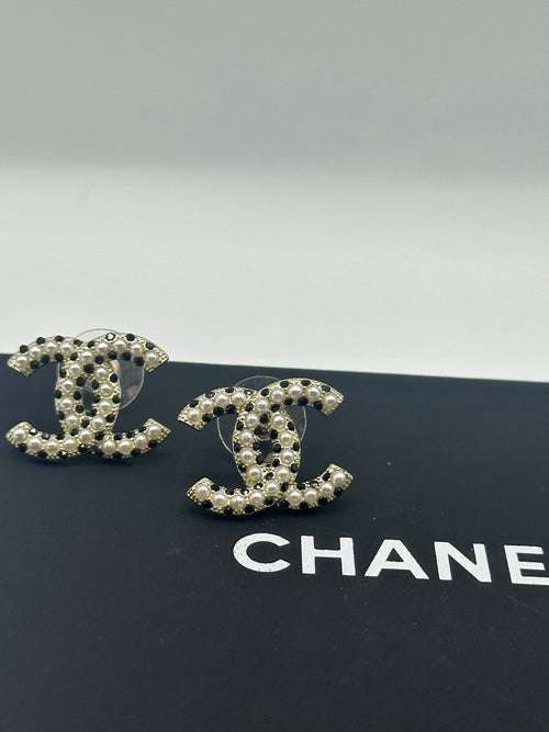 Chanel CC Pearl And Black Crystal Studs