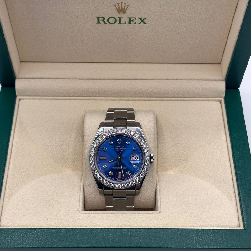 Rolex Datejust 41mm Stainless Steel Blue Face Afterset Diamonds