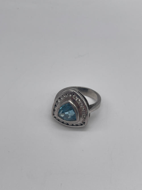 Statement Silver Ring with Triangle-Cut Topaz & Cubic Zirconia Halo