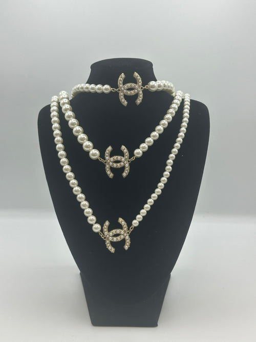 Chanel Pearl Necklace With CC Logos Double Length