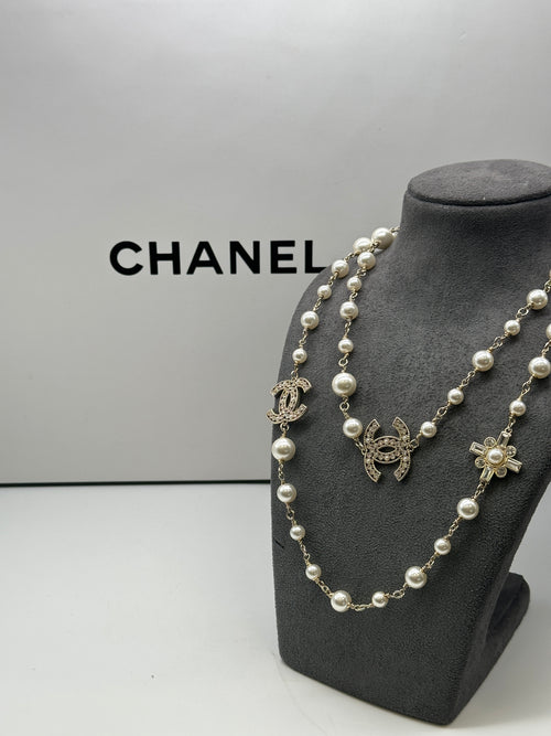Chanel Double Length Pearl Necklace with Diamanté Cross