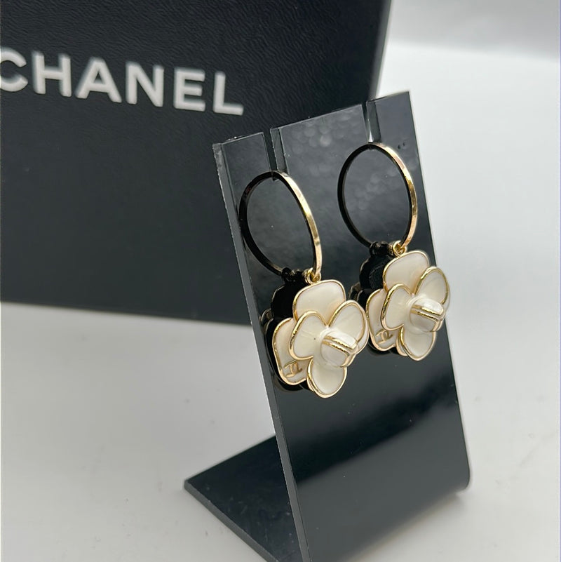 Chanel White Enamel Flower Earrings