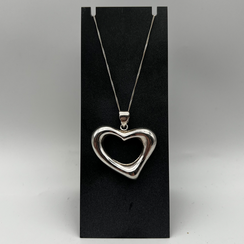 925 Sterling Silver Puffy Heart Frame Pendant 18" Chain Necklace