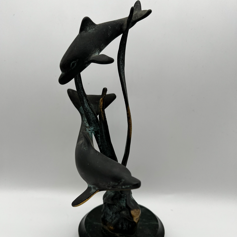 Bronze Dolphin Couple Leaping The Waves Sculpture On Marble Base