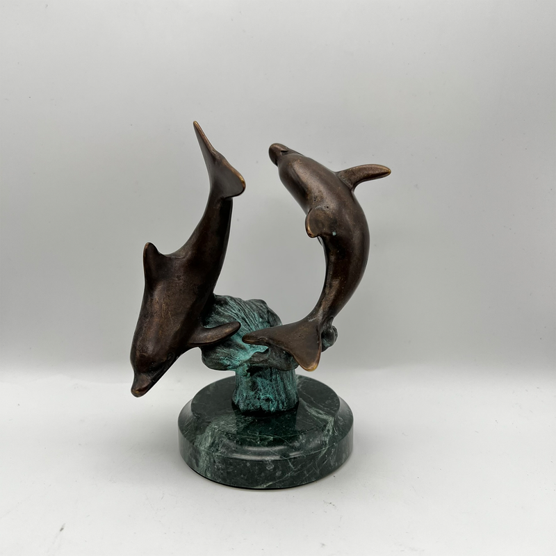 Bronze Dolphin Sculpture On Green Marble Base With Great Patina