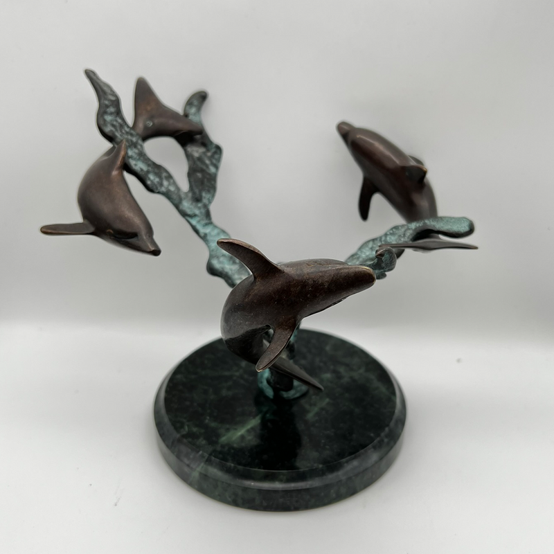 Bronze Dolphin Sculpture On Marble Base