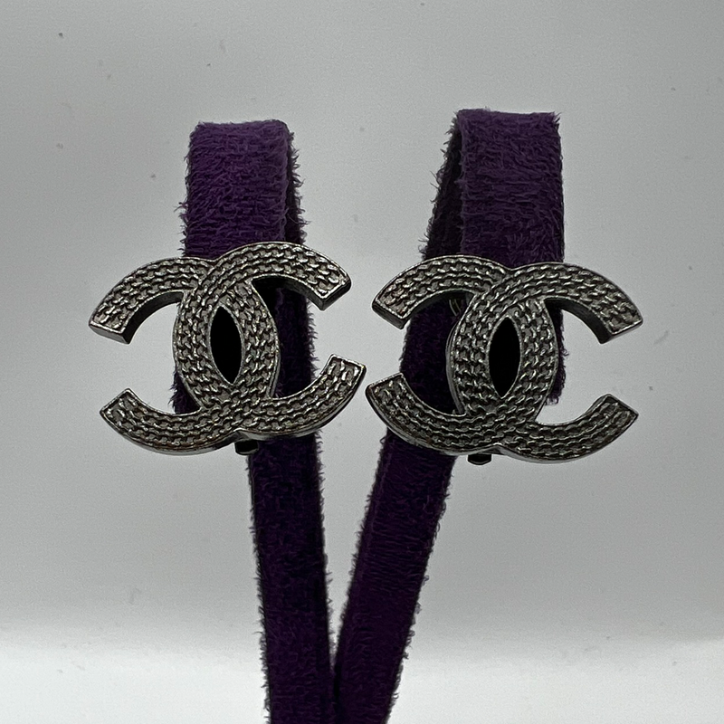 Chanel CC Clip On Dark Grey Metal Tweed Earrings