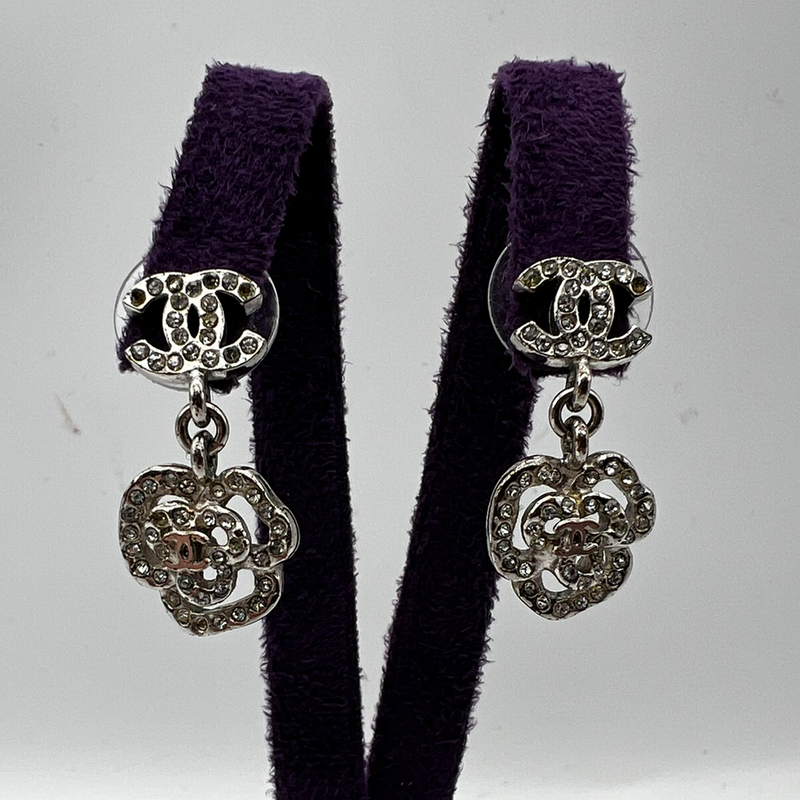 Chanel Silver CC Camellia And Diamante Earrings