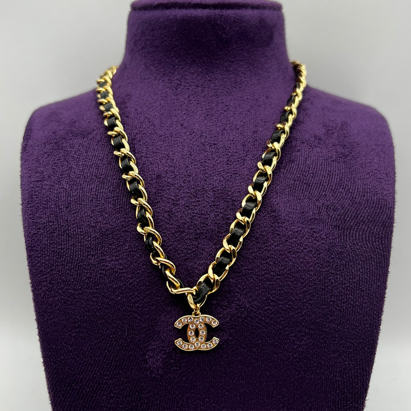 Chanel Gold & Black Leather Necklace with Gold Crystal CC Logos
