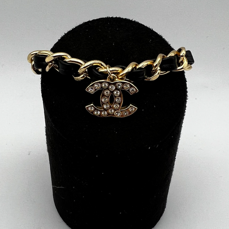 Chanel Gold & Black Leather Bracelet Set with Gold Crystal CC Logos