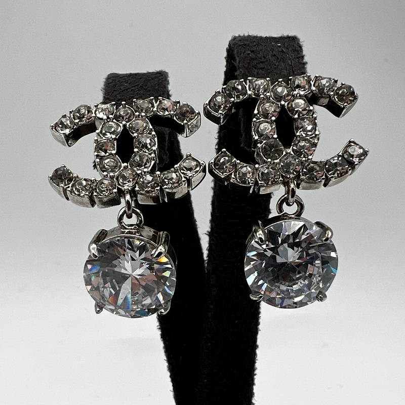 Chanel Silver Crystal CC Logo Earrings With Drop Down Diamante
