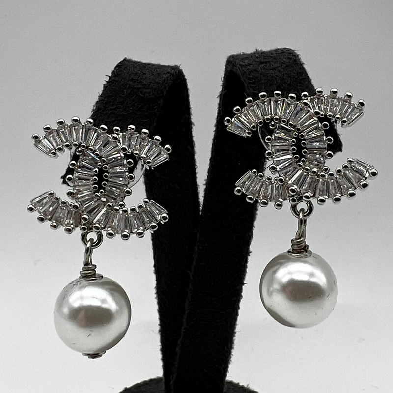 Chanel Silver Crystal CC Logo Earrings With Drop Down Pearls