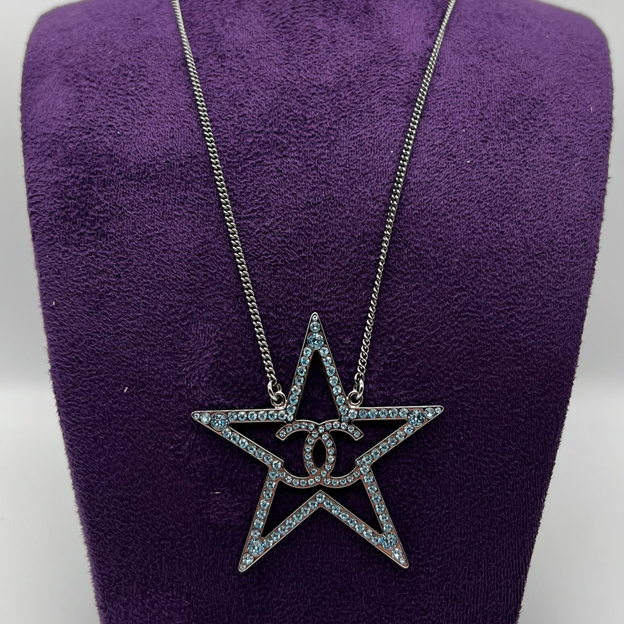 Chanel Star with CC Logo Iridescent Necklace Crystal Silver Tone