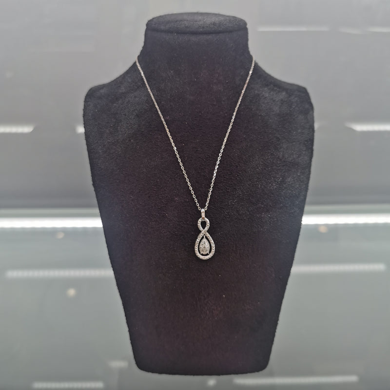 Sterling Silver Fine Curb Chain Necklace, 16" With CZ Pear-shape Pendant