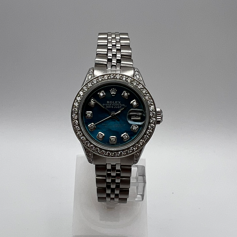 Rolex Date just Ladies Stainless Steel Blue Face Afterset Diamonds
