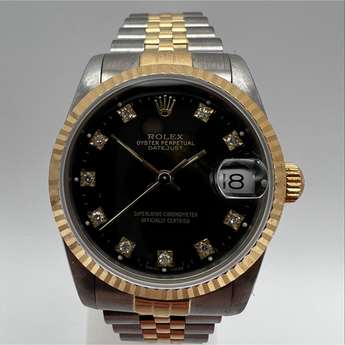 Rolex Datejust Steel & Gold Midsize Black Face Diamonds