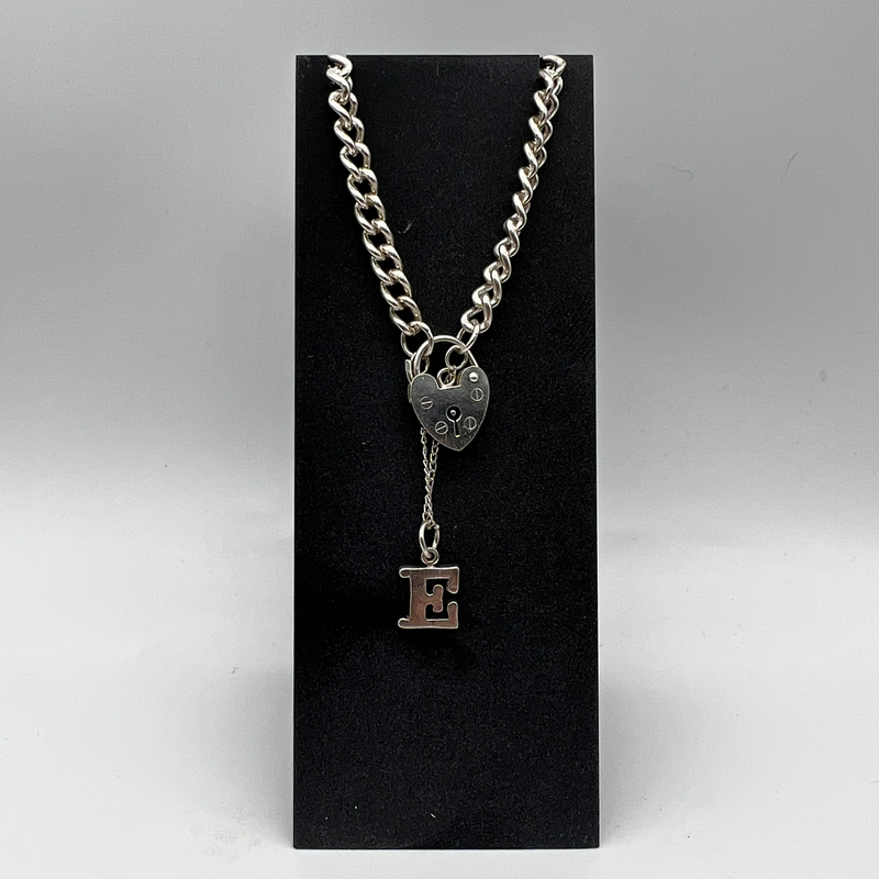Sterling Silver Curb Chain Heart Latch & "E" Charm Bracelet, 7"