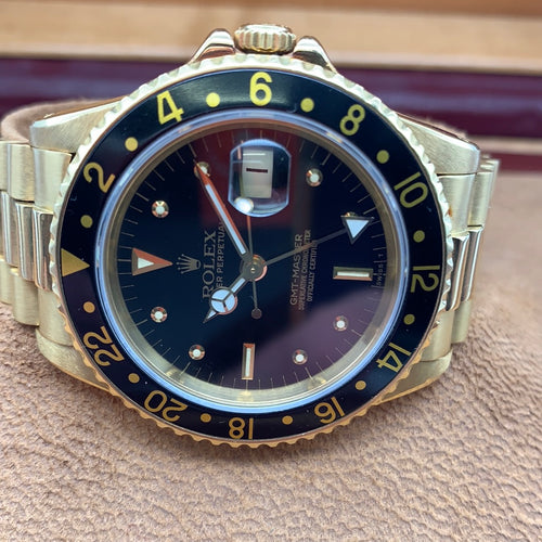 Rolex 18ct Gold GMT Black Dial Black Bezel 1983 BP