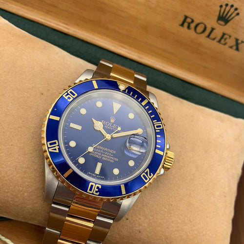 Rolex Steel and Gold Submariner Blue Dial and Bezel 1998 Model No.16613 Box and Papers