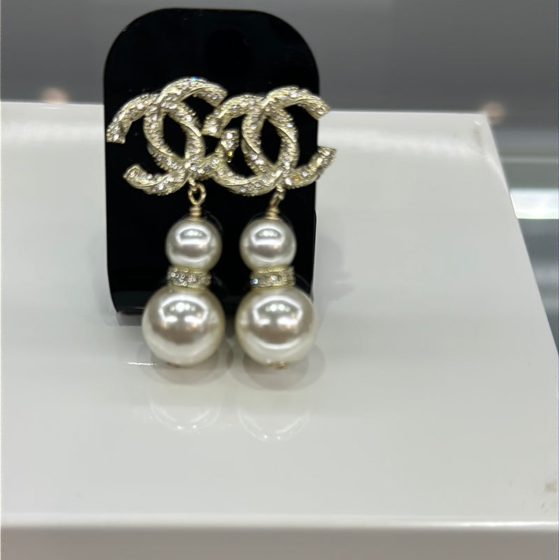 Chanel Gold 'KL' Faux Pearl Dangle Earrings Q6J4JN17DB000 | WGACA